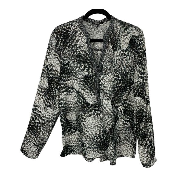 Alberto Makali roll tab Tunic top size XL Crochet Back black Gray Pattern Chiffo - Picture 9 of 12